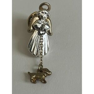 Vintage Two Tone Angel with Dangling Dog Charm Lapel Pin Mixed Metal 1 1/2"